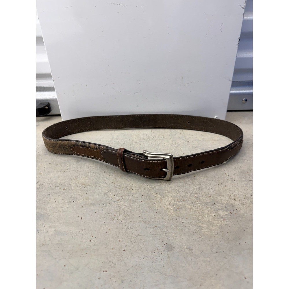 Nocona Belt Mens 38 Brown Mossy Oak Camo Leather Silver Buckle Western Outdoor